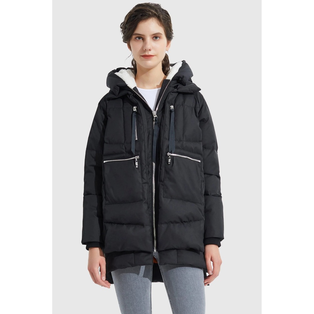 Orolay Women Thickened Down Jacket Black Puffer Parka Sherpa Hood XS 90% Down
